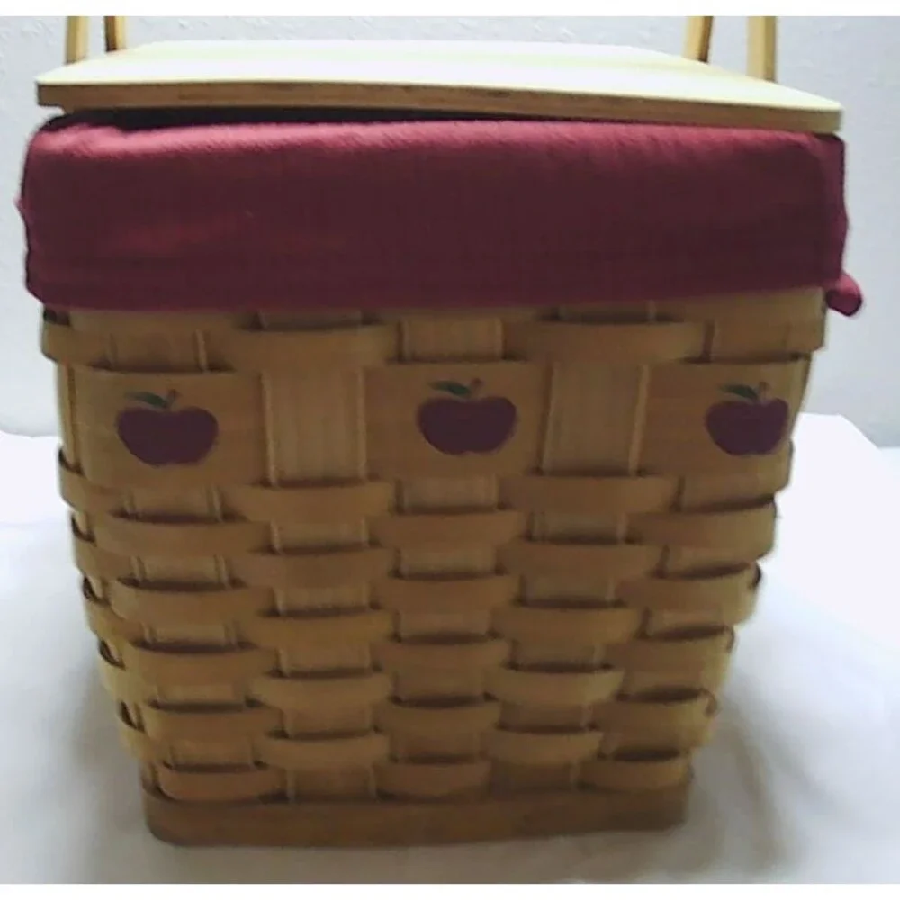 Vintage Longaberger Basket w/Apple Motif Lid, Handles, Fabric Liner 12x8x8.5